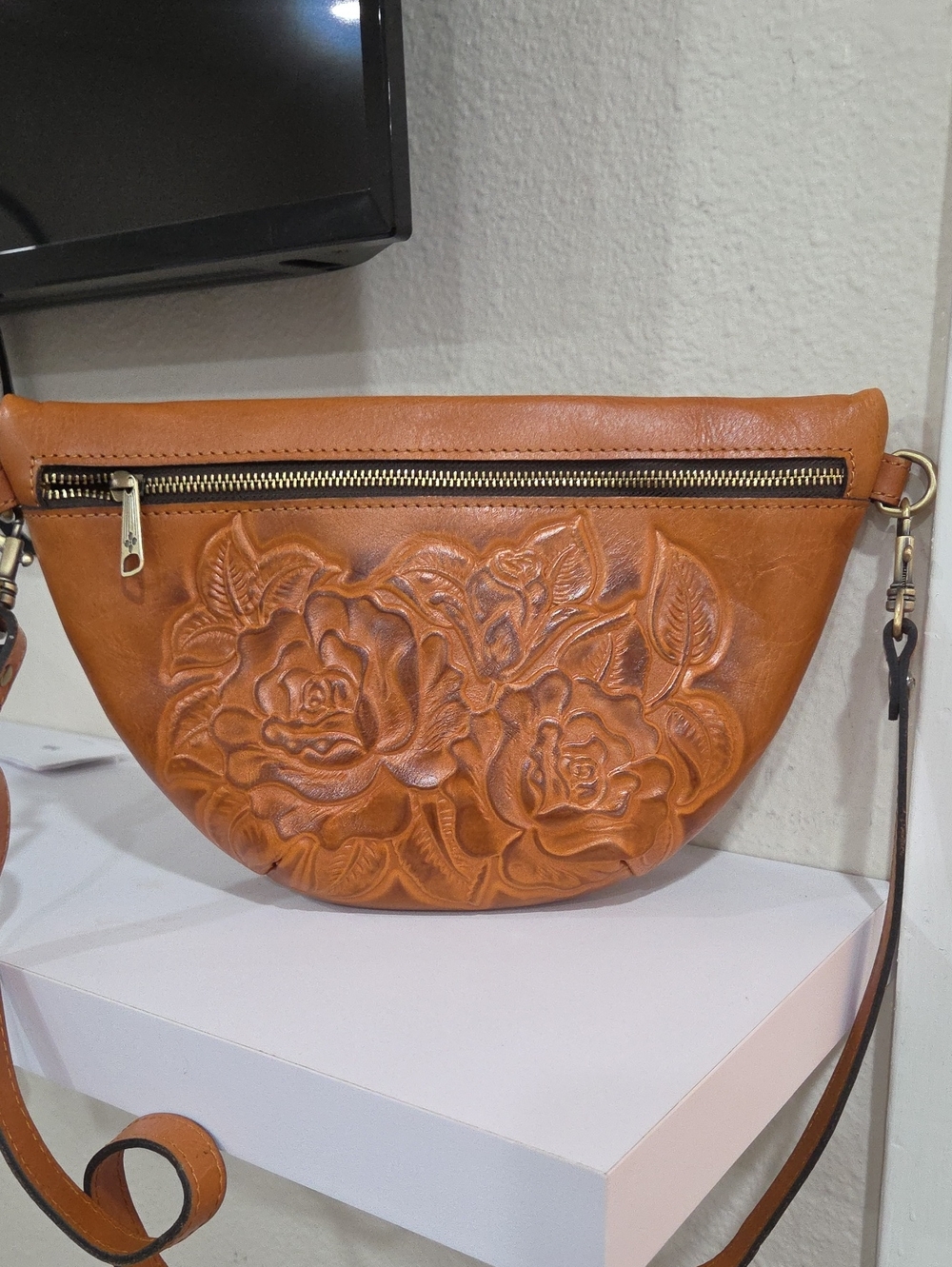 Patricia Nash Leather Floral Embossed Saddle Bag - Tan